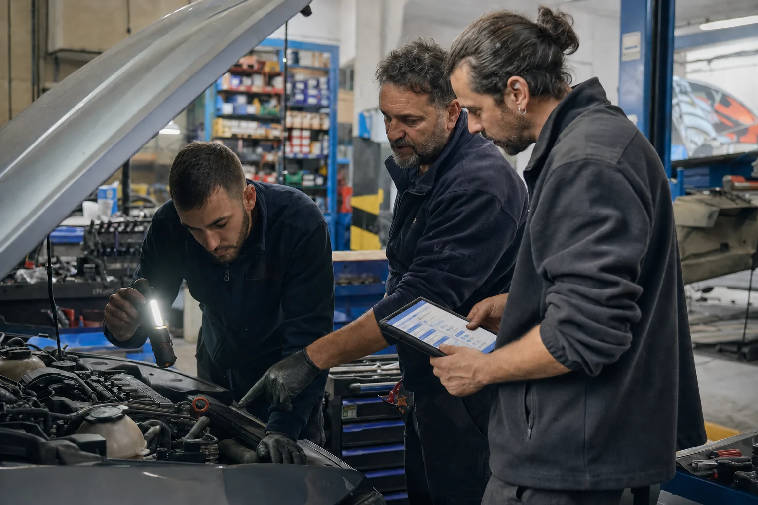 Equipo coordinando una reparación desde una tablet